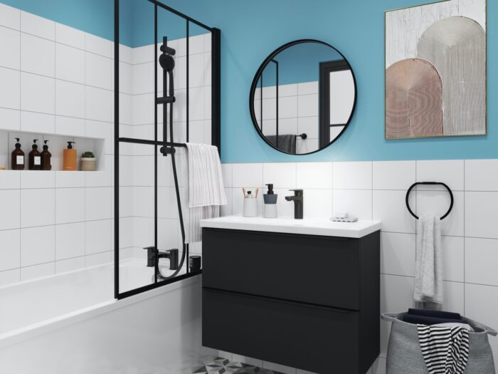 Bathroom with black drawer unit, Crittall-style shower screen and blue walls