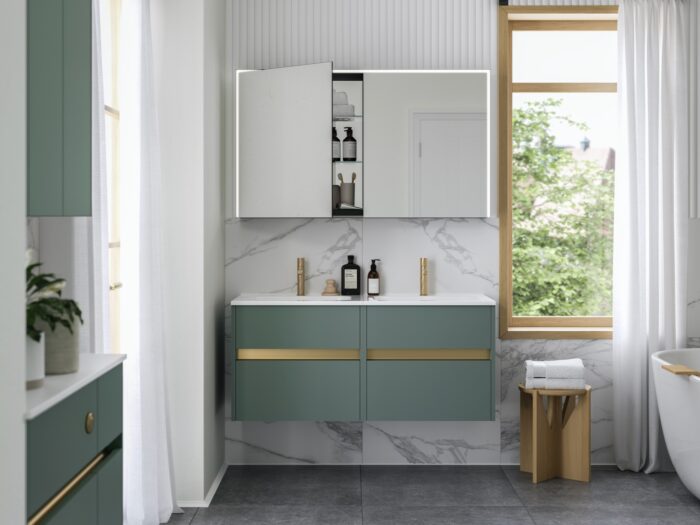 Bathroom with LED mirror wall cabinet and green drawer unit