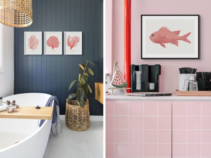 Two images of coastal artwork in blue and pink bathrooms