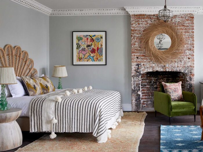 A mix of materials makes for a texture-rich bedroom at The Artist's Residence in Brighton