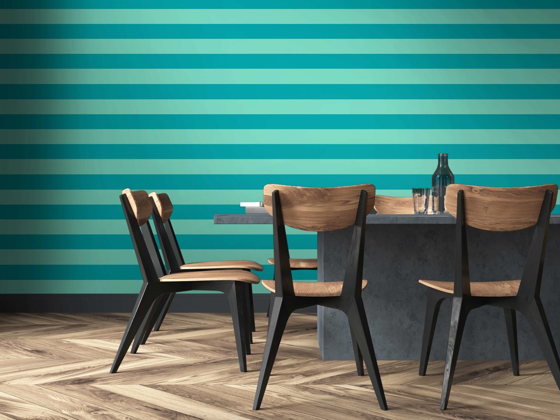 Ohpopsi BLOC STRIPE Rich Teal - Long black dining room table with black and wooden chairs