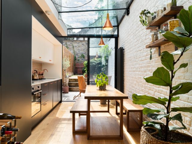 View of a kitchen in a Victorian side return extension.