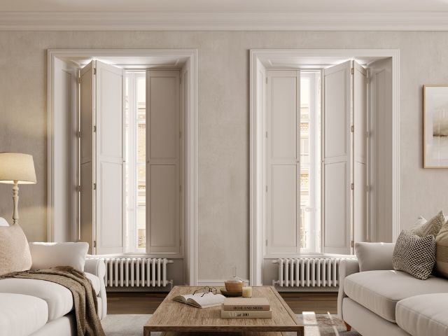 Shutters in a calming living room from Shutterly Fabulous