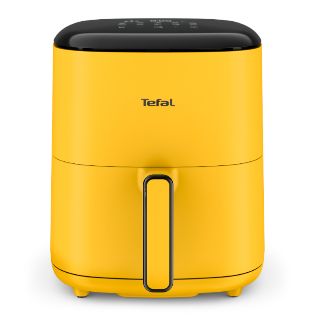 Yellow and black air fryer on white background