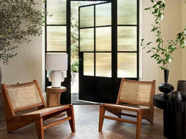 Living room with French doors open