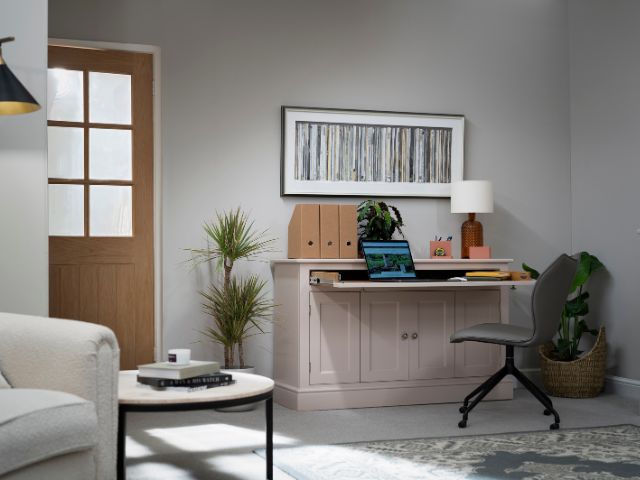 Hideaway desk in a living room space