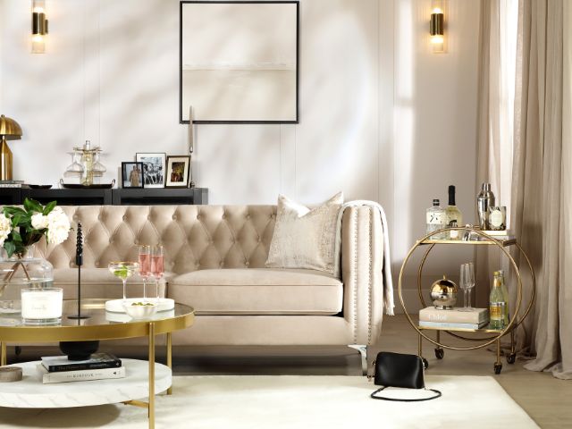 luxe living room with bar cart by Furniture And Choice