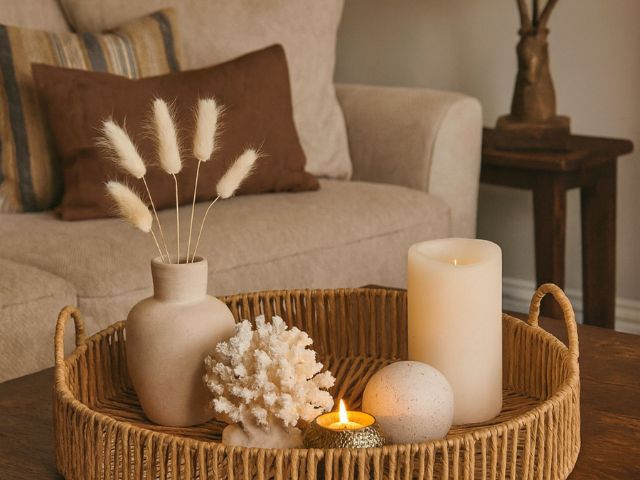 Rattan tray styled in a living room by Click Style