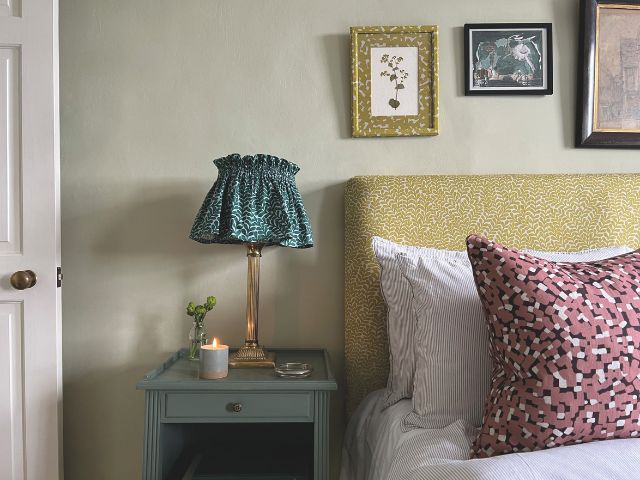 Patterned headboard, lampshade and mount by Abigail Borg