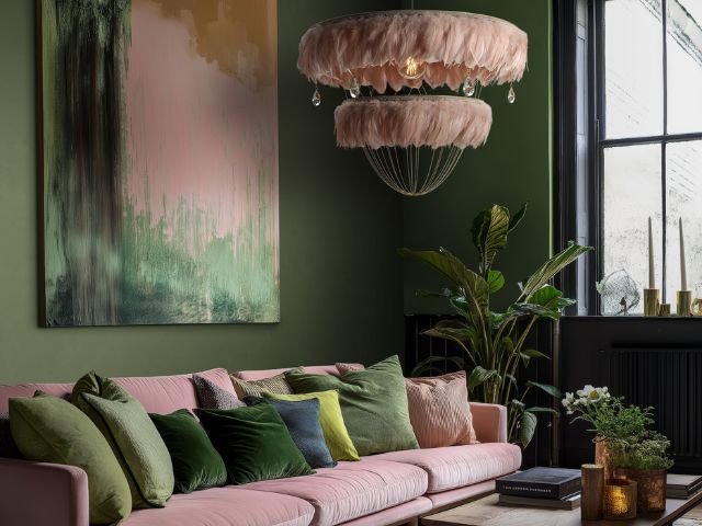 Pink and green living room with statement feather pendant by Coldharbour Lights