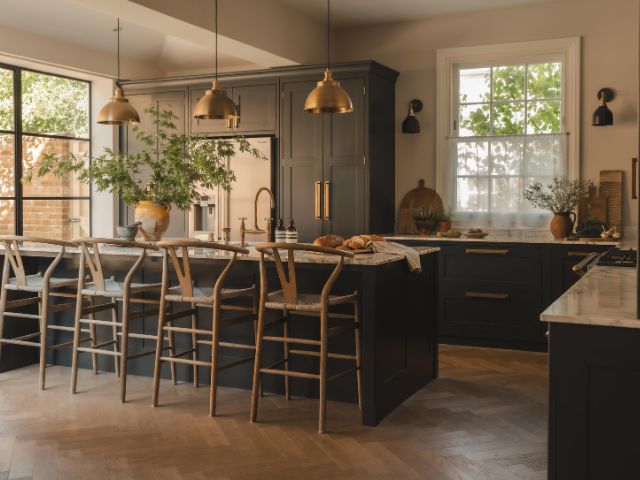 Shaker style kitchen with brass pendants by Industville