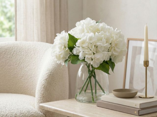 Faux hydrangeas in a glass vase in a neutral living room