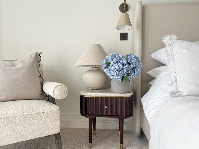 Calming bedroom with faux hydrangeas