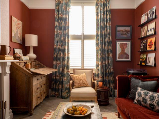 The bold hues and confident patterns in this snug would be right at home in Rutshire. Image Credit: Woodhouse & Law