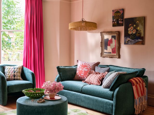 Pink and green living room