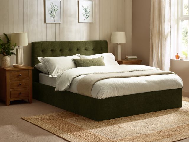 Olive green bed in a calming bedroom by Happy Beds