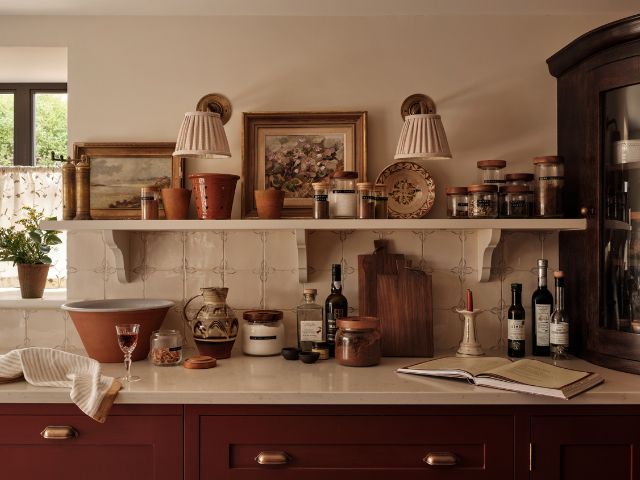 Eclectic shelving in a kitchen with tiles by Marlborough Tiles