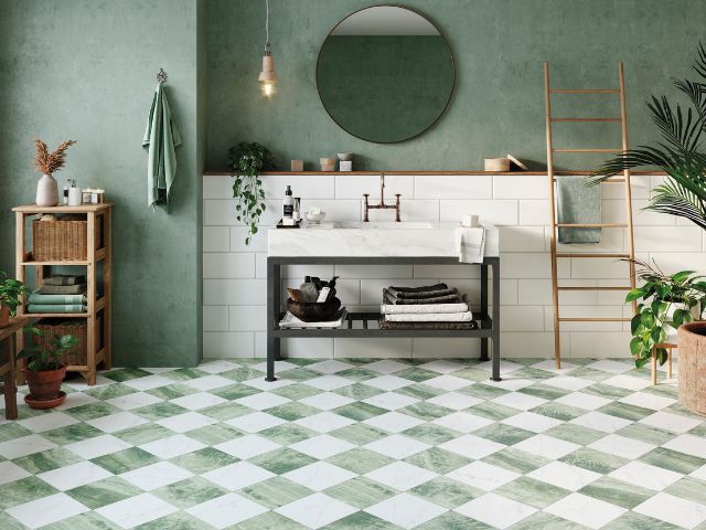 Green and white tiled bathroom