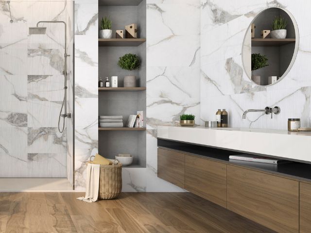 Marble and wood clash in the bathroom