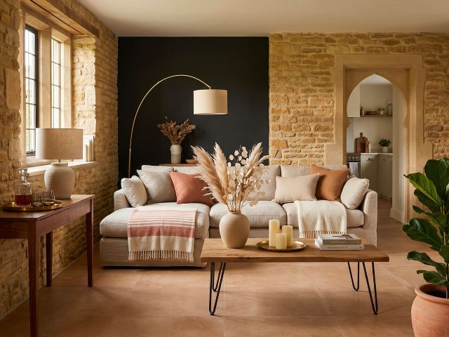 Living room with stone walls