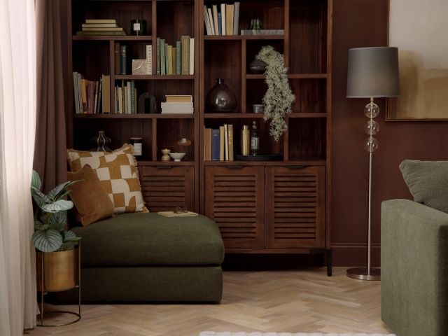 Book shelves in cosy living room