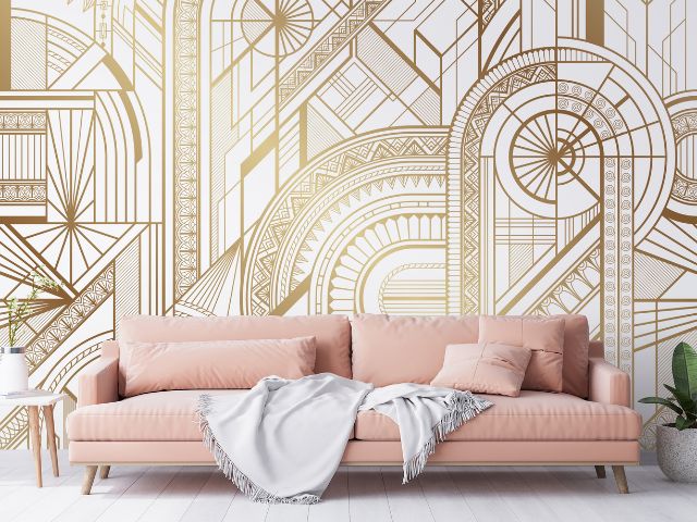 Art Deco mural and pink sofa by Wallsource.com