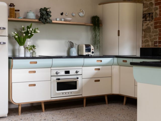 Retro blue and white kitchen