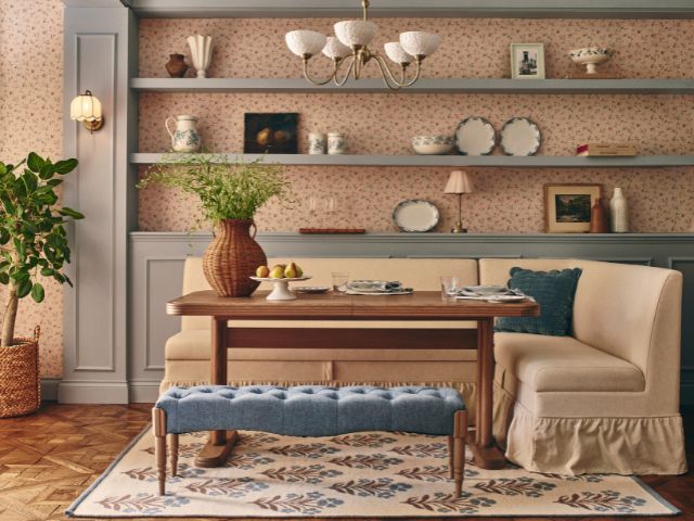 Banquette seating and layered lighting